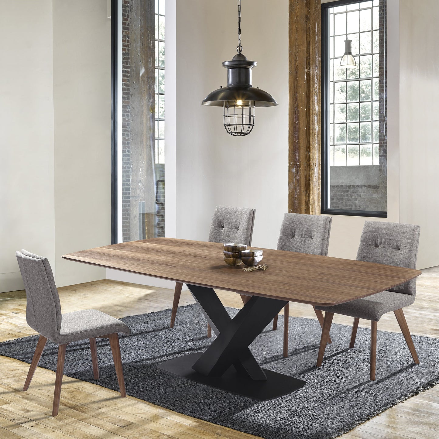 Everett Contemporary Dining Table in Matte Black Finish and Walnut Top