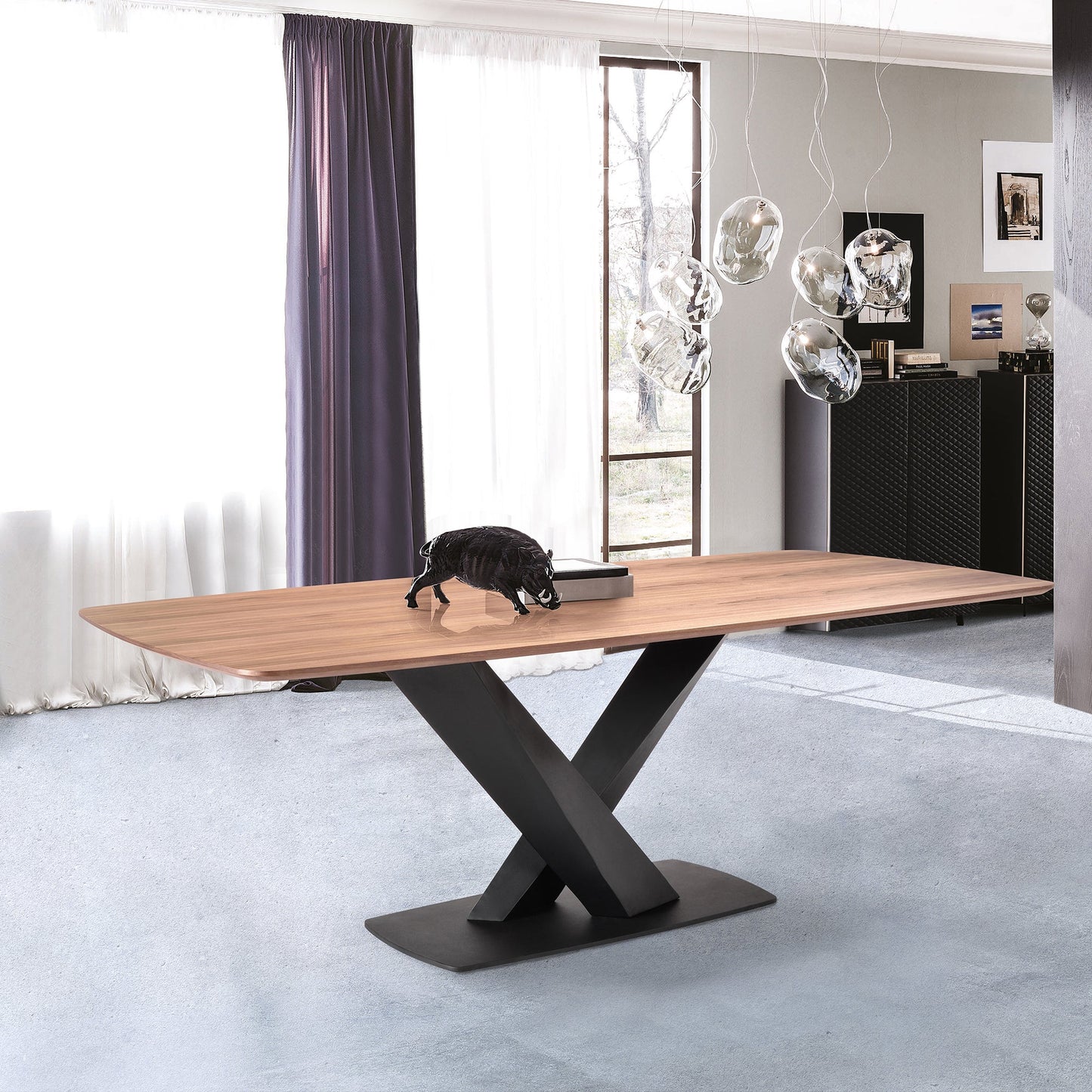 Everett Contemporary Dining Table in Matte Black Finish and Walnut Top