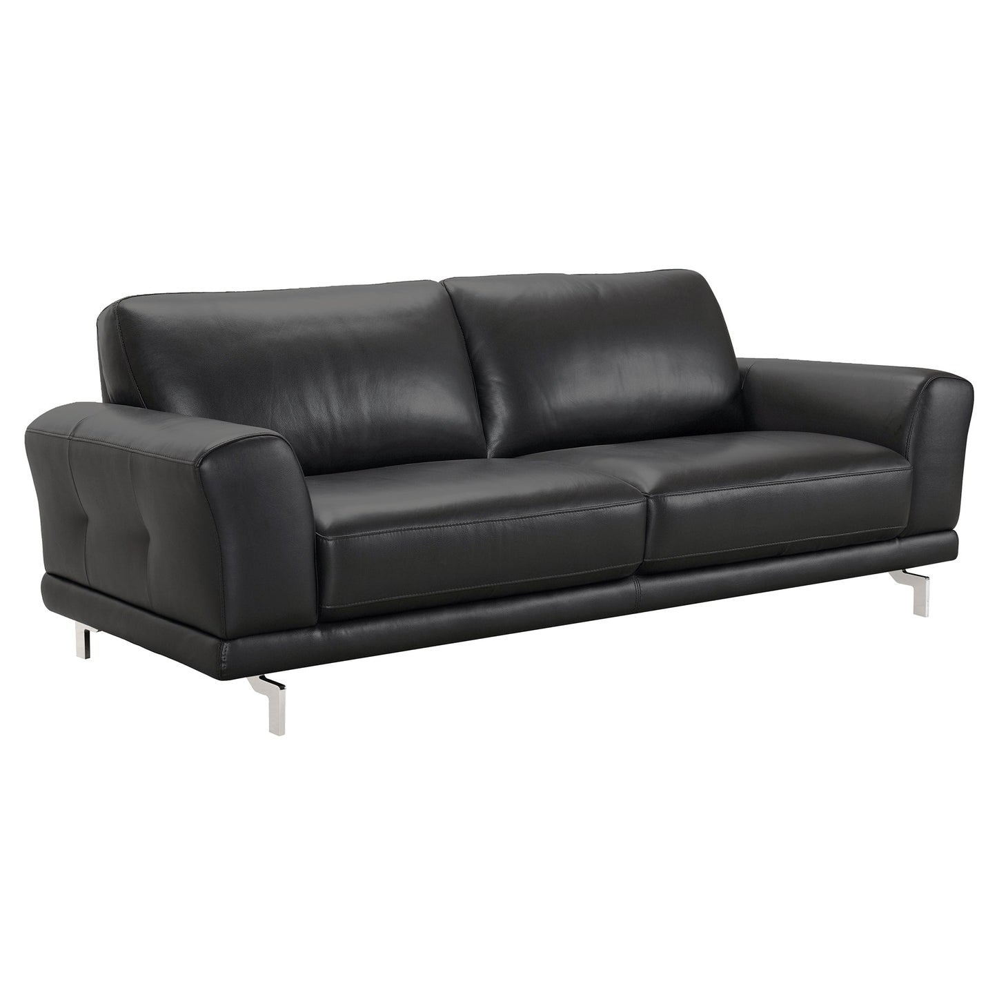 Everly Contemporary Sofa in Genuine Black Leather with Brushed Stainless Steel Legs