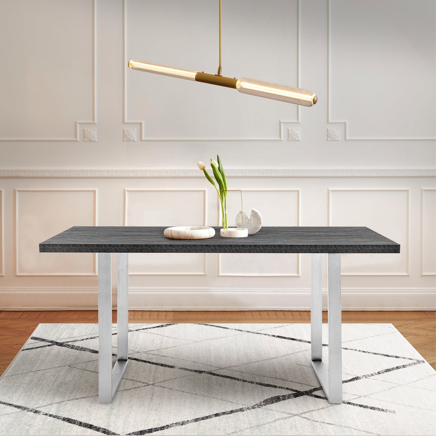 Fenton Dining Table with Charcoal Top and Brushed Stainless Steel Base