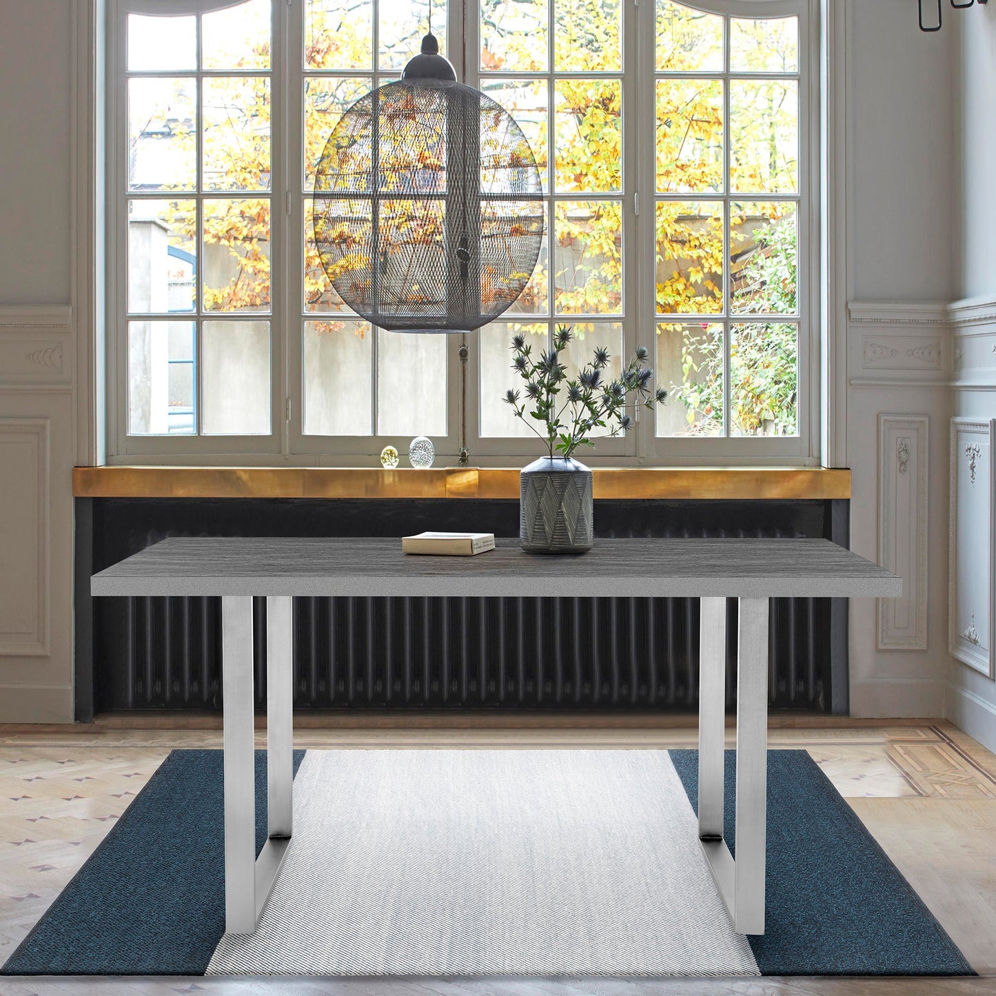 Fenton Dining Table with Gray Top and Brushed Stainless Steel Base