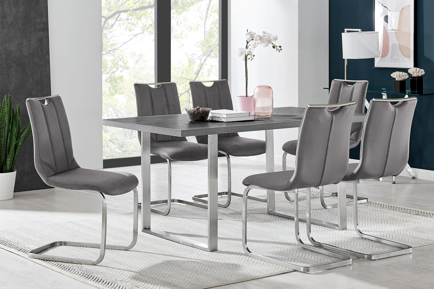 Fenton Dining Table with Gray Top and Brushed Stainless Steel Base