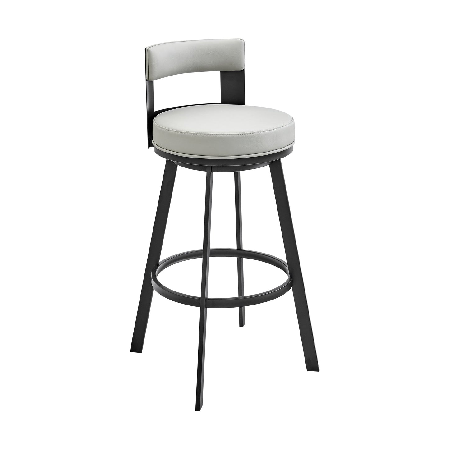 Flynn 26" Swivel Counter Stool in Black Metal with Light Gray Faux Leather