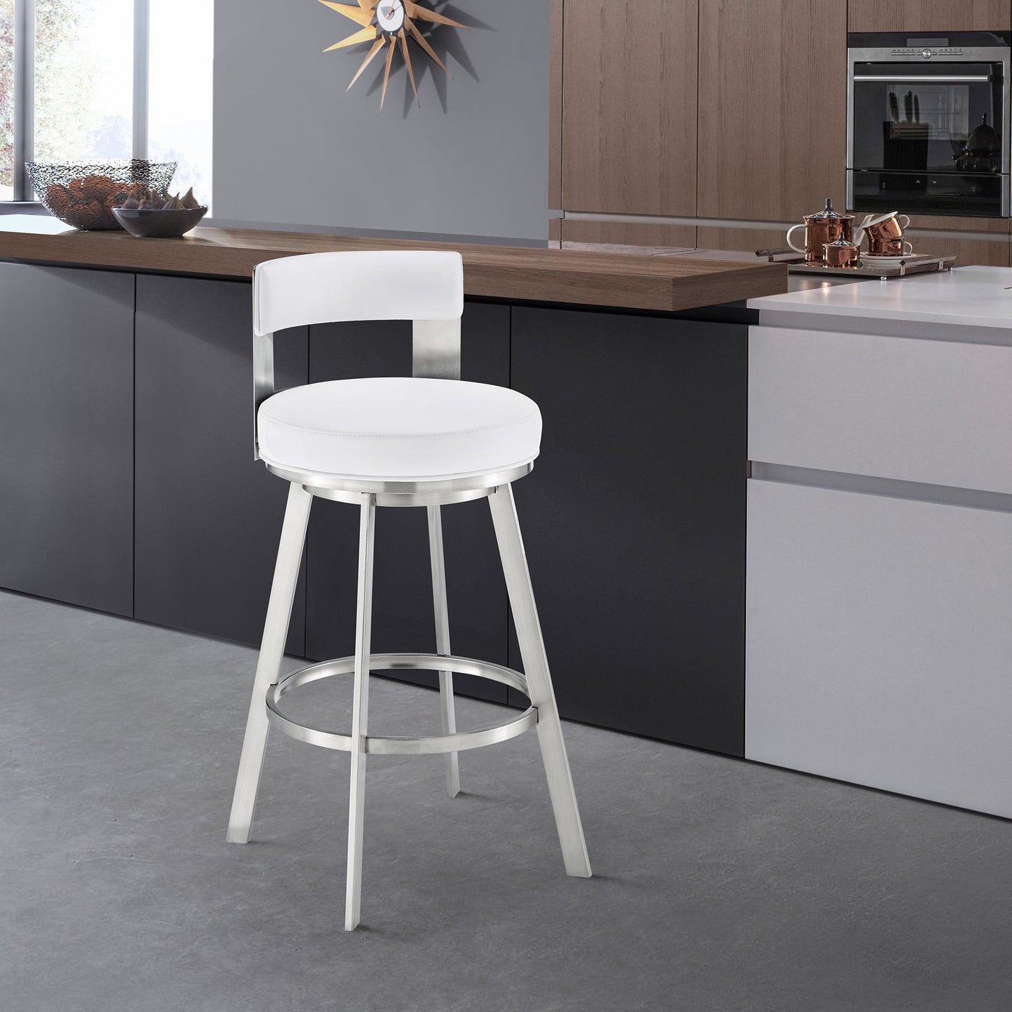 Flynn 30" Swivel Bar Stool in Brushed Stainless Steel with White Faux Leather