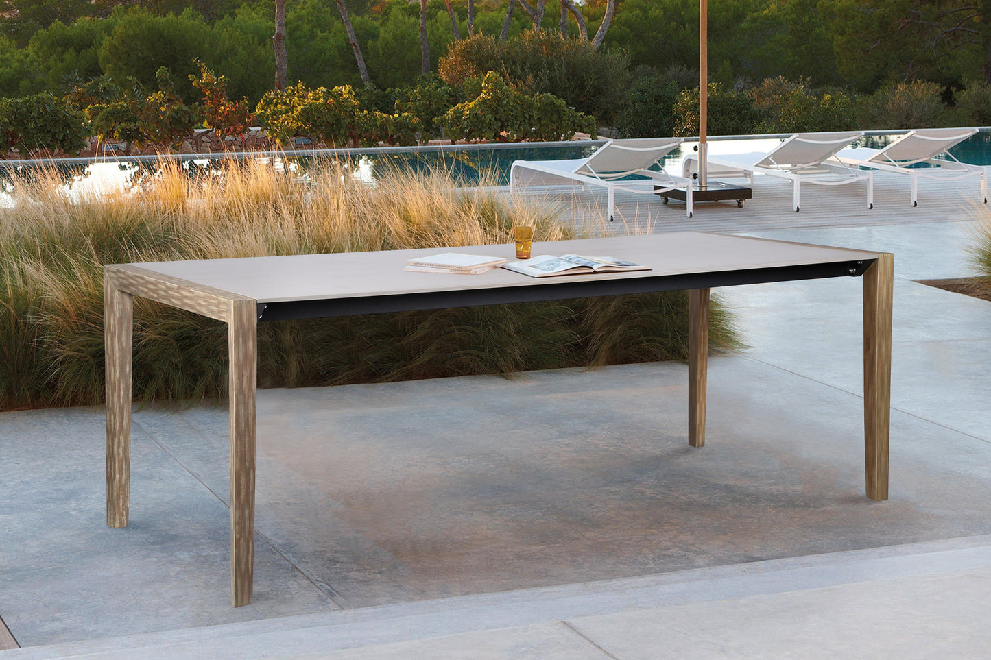 Fineline Indoor Outdoor 80" Rectangle Dining Table in Light Eucalyptus Wood and Super Stone