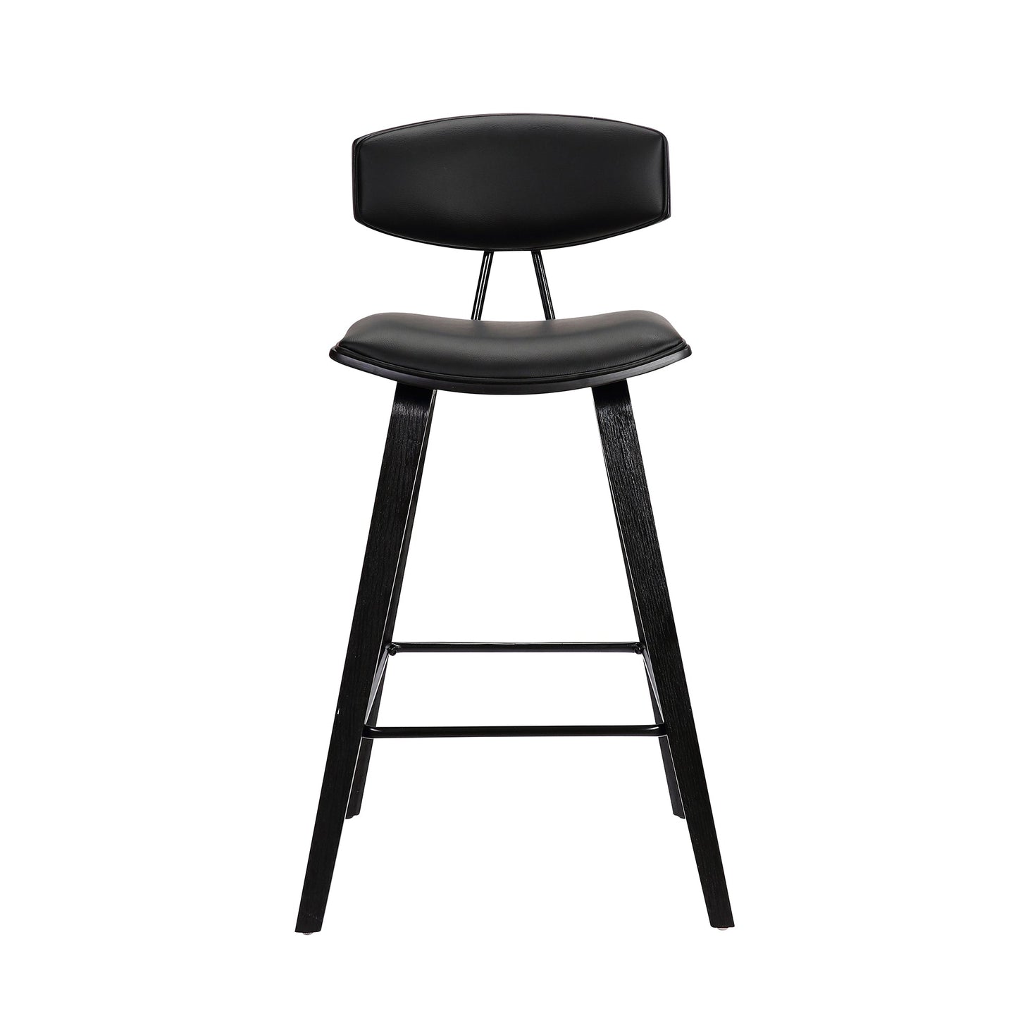 Fox 25.5" Counter Height Black Faux Leather and Black Wood Mid-Century Modern Bar Stool