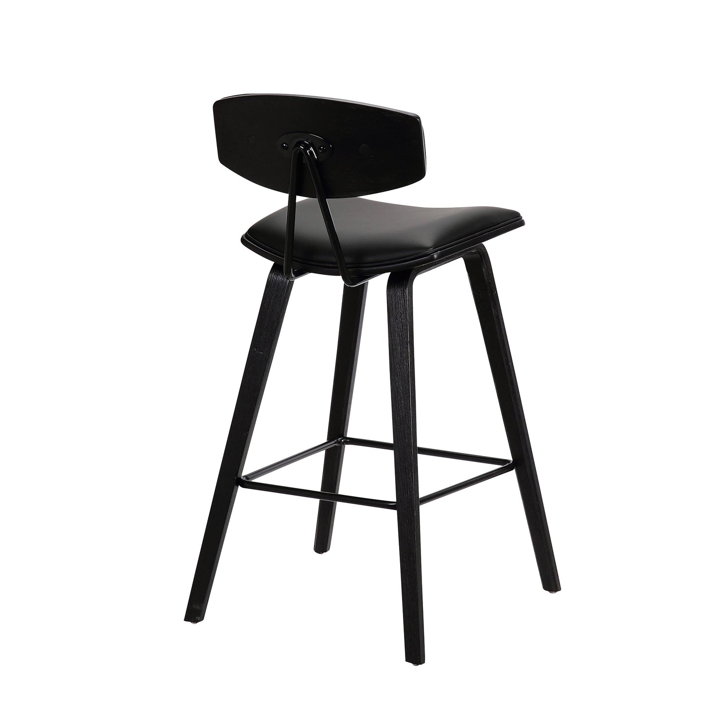 Fox 25.5" Counter Height Black Faux Leather and Black Wood Mid-Century Modern Bar Stool