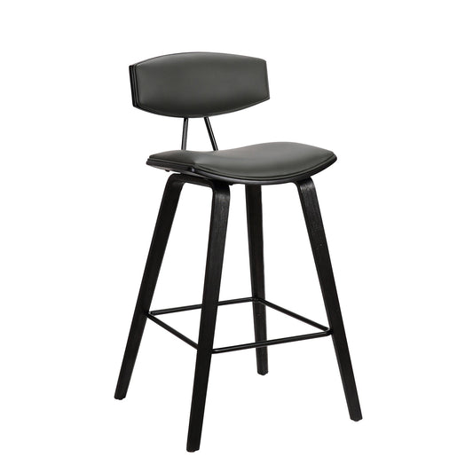 Fox 25.5" Counter Height Gray Faux Leather and Black Wood Mid-Century Modern Bar Stool