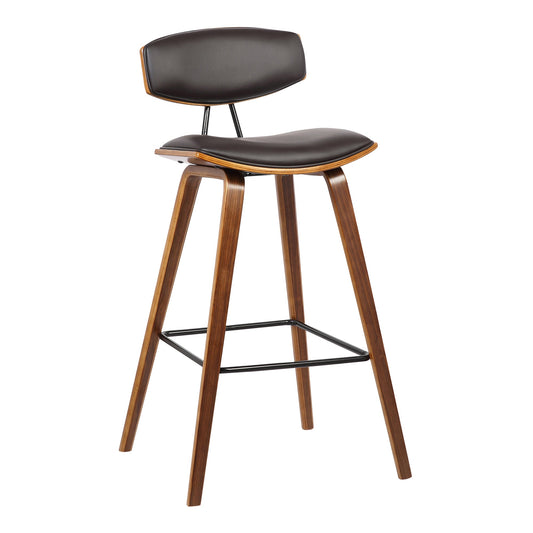 Fox 25.5" Counter Height Brown Faux Leather and Walnut Wood Mid-Century Modern Bar Stool