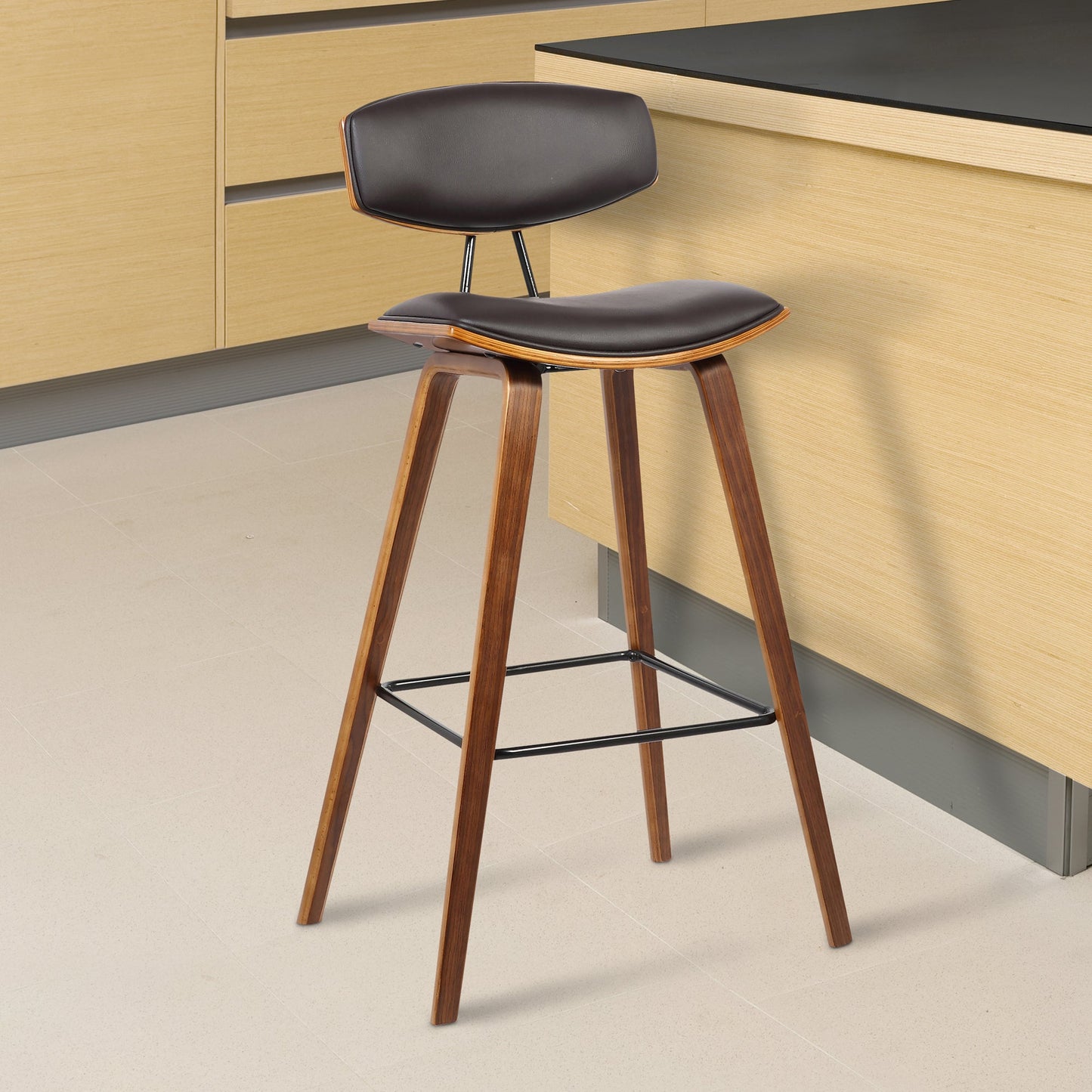 Fox 25.5" Counter Height Brown Faux Leather and Walnut Wood Mid-Century Modern Bar Stool