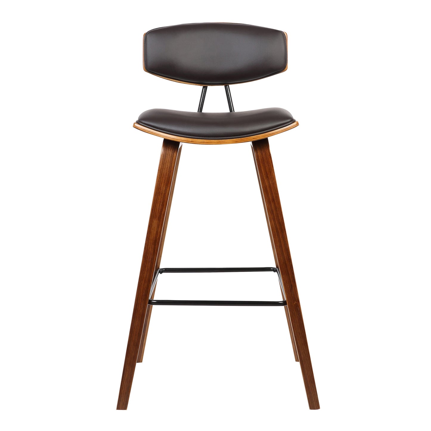 Fox 28.5" Bar Height Brown Faux Leather and Walnut Wood Mid-Century Modern Bar Stool