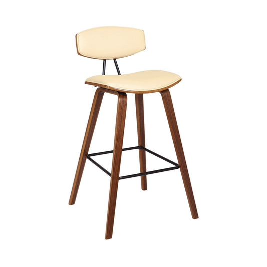 Fox 28.5" Bar Height Cream Faux Leather and Walnut Wood Mid-Century Modern Bar Stool