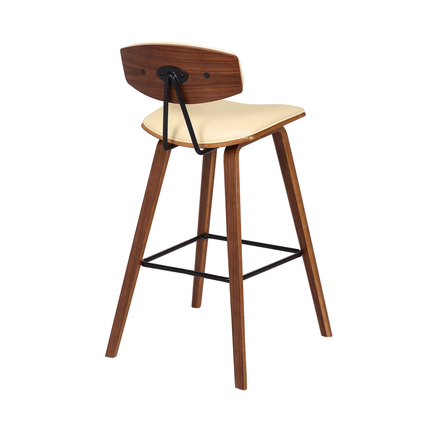 Fox 28.5" Bar Height Cream Faux Leather and Walnut Wood Mid-Century Modern Bar Stool