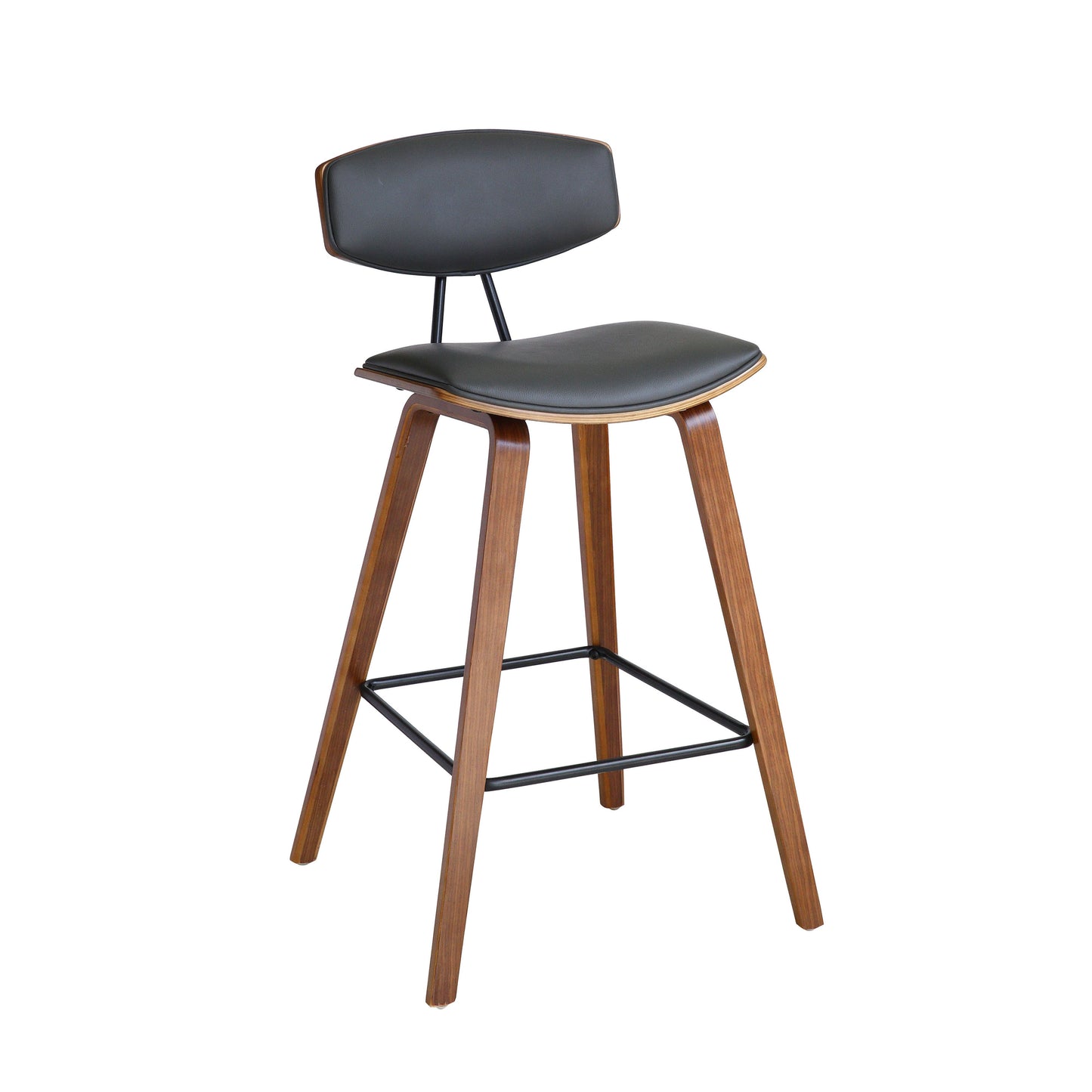 Fox 28.5" Bar Height Gray Faux Leather and Walnut Wood Mid-Century Modern Bar Stool