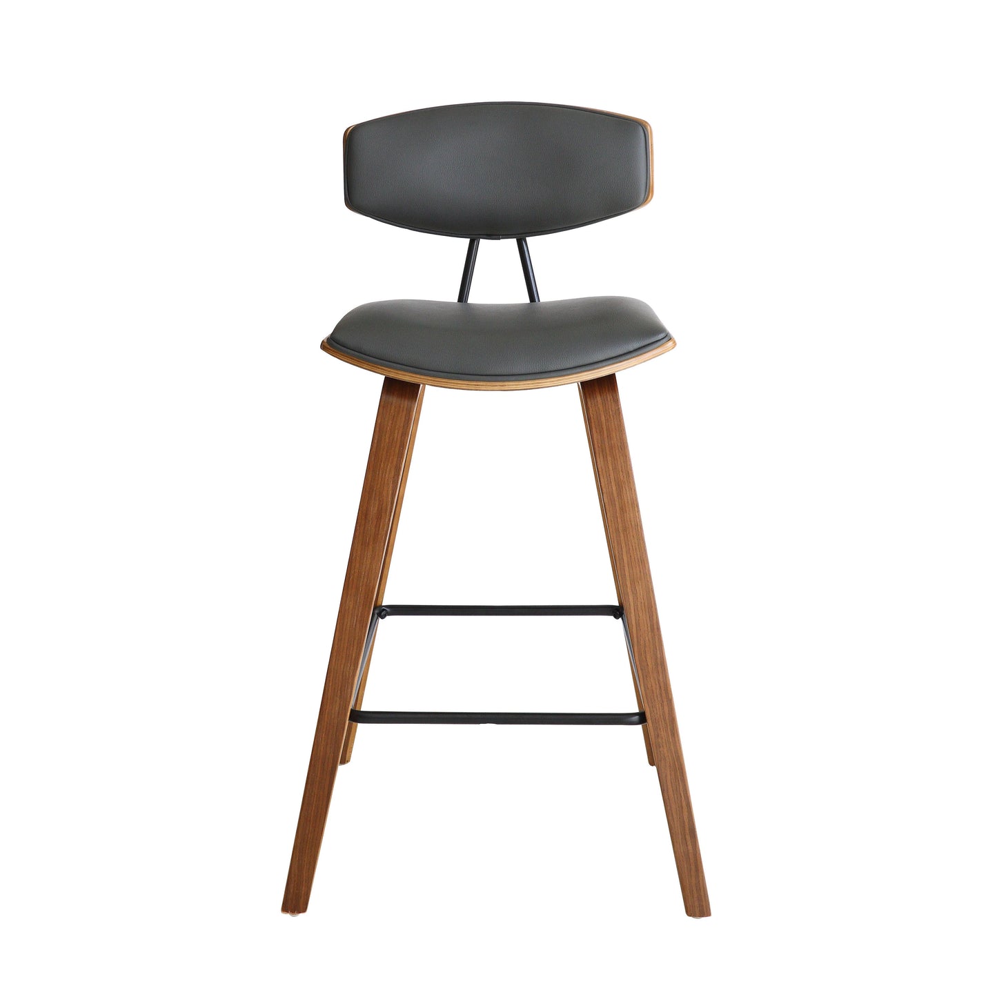 Fox 28.5" Bar Height Gray Faux Leather and Walnut Wood Mid-Century Modern Bar Stool