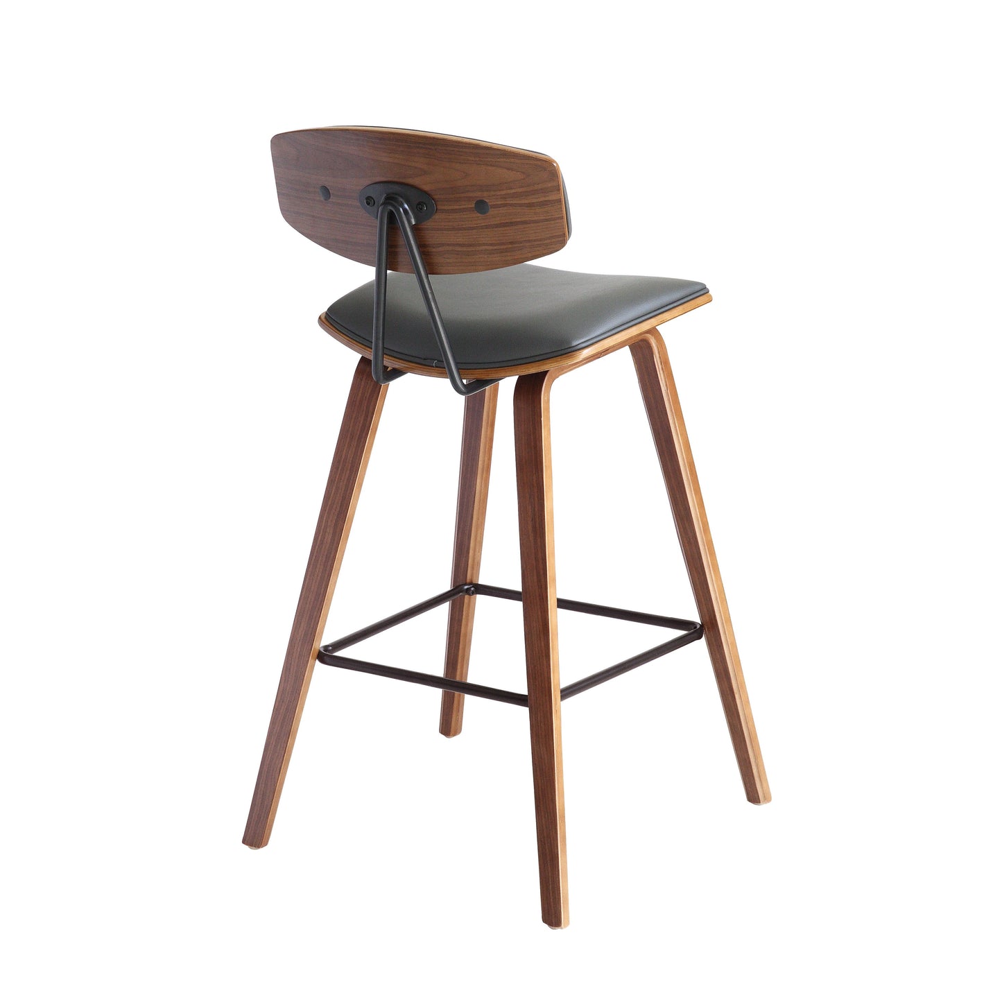 Fox 28.5" Bar Height Gray Faux Leather and Walnut Wood Mid-Century Modern Bar Stool