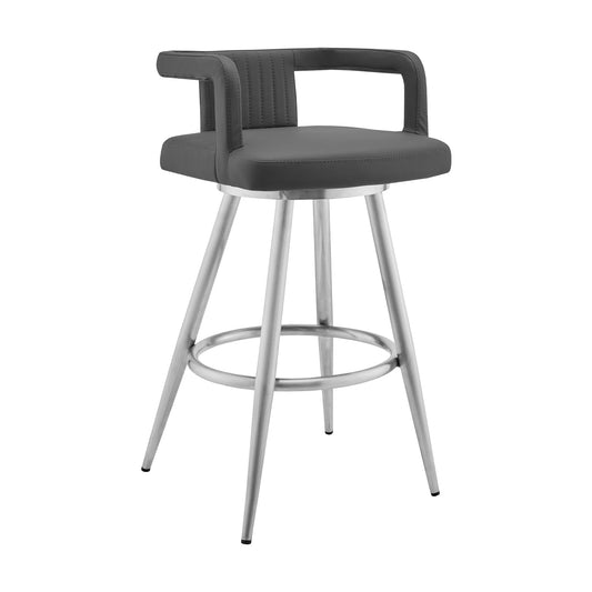 Gabriele 26" Gray Faux Leather and Brushed Stainless Steel Swivel Bar Stool