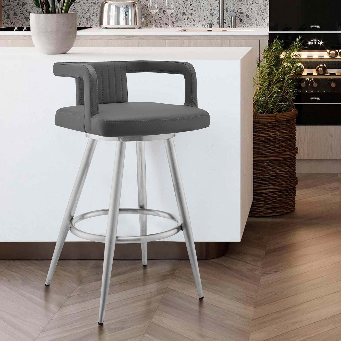 Gabriele 26" Gray Faux Leather and Brushed Stainless Steel Swivel Bar Stool