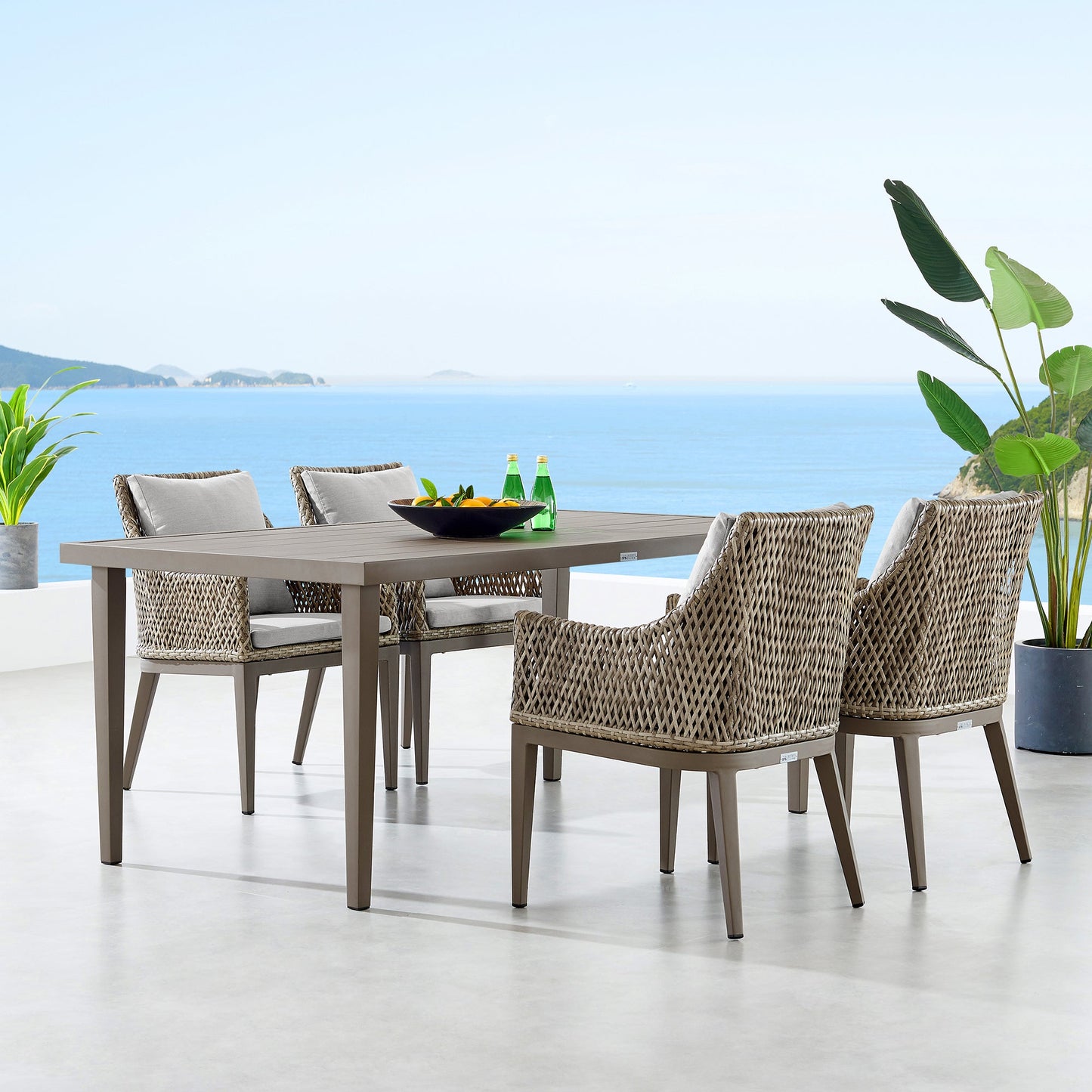 Grenada Outdoor Wicker and Aluminum Gray Dining Chair with Beige Cushions - Set of 2