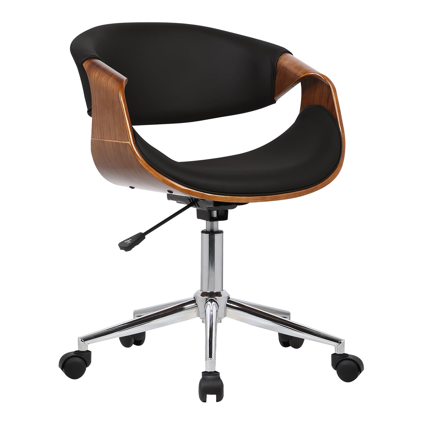 Geneva Mid-Century Office Chair in Chrome finish with Black Faux Leather and Walnut Veneer Arms