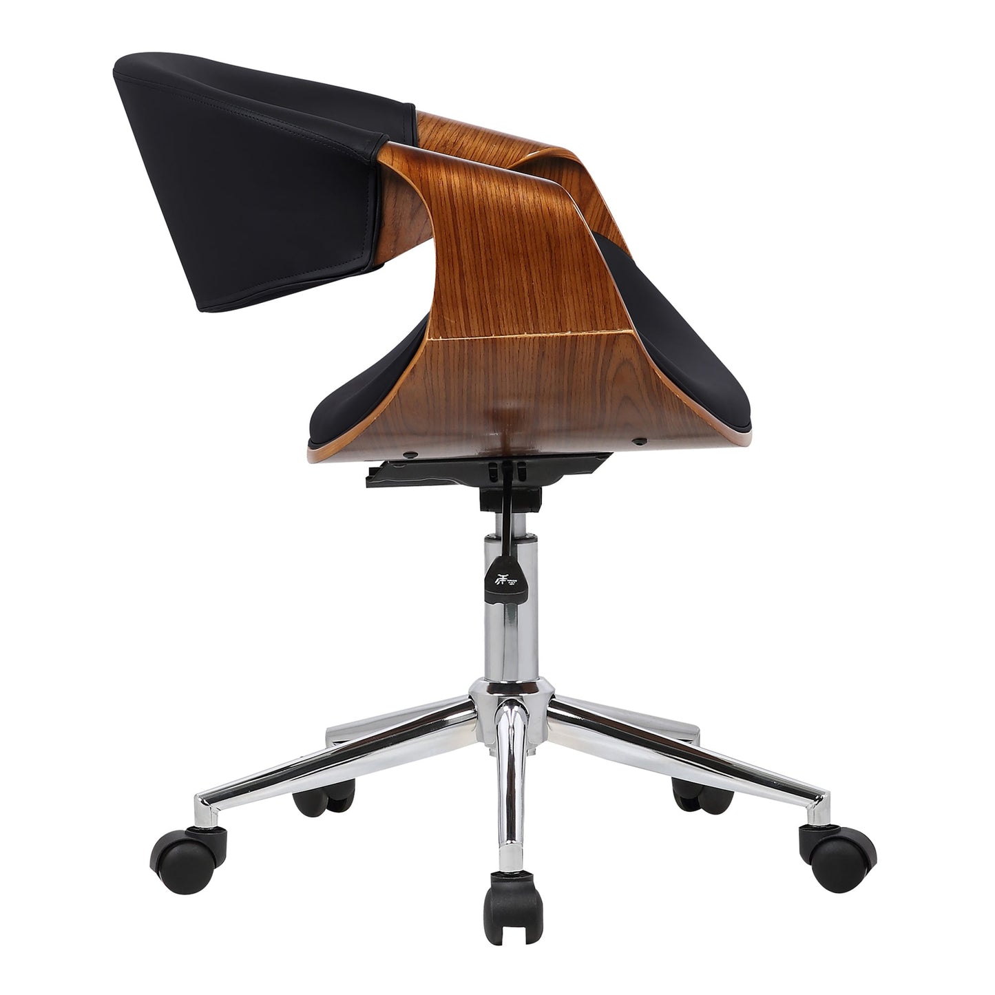 Geneva Mid-Century Office Chair in Chrome finish with Black Faux Leather and Walnut Veneer Arms