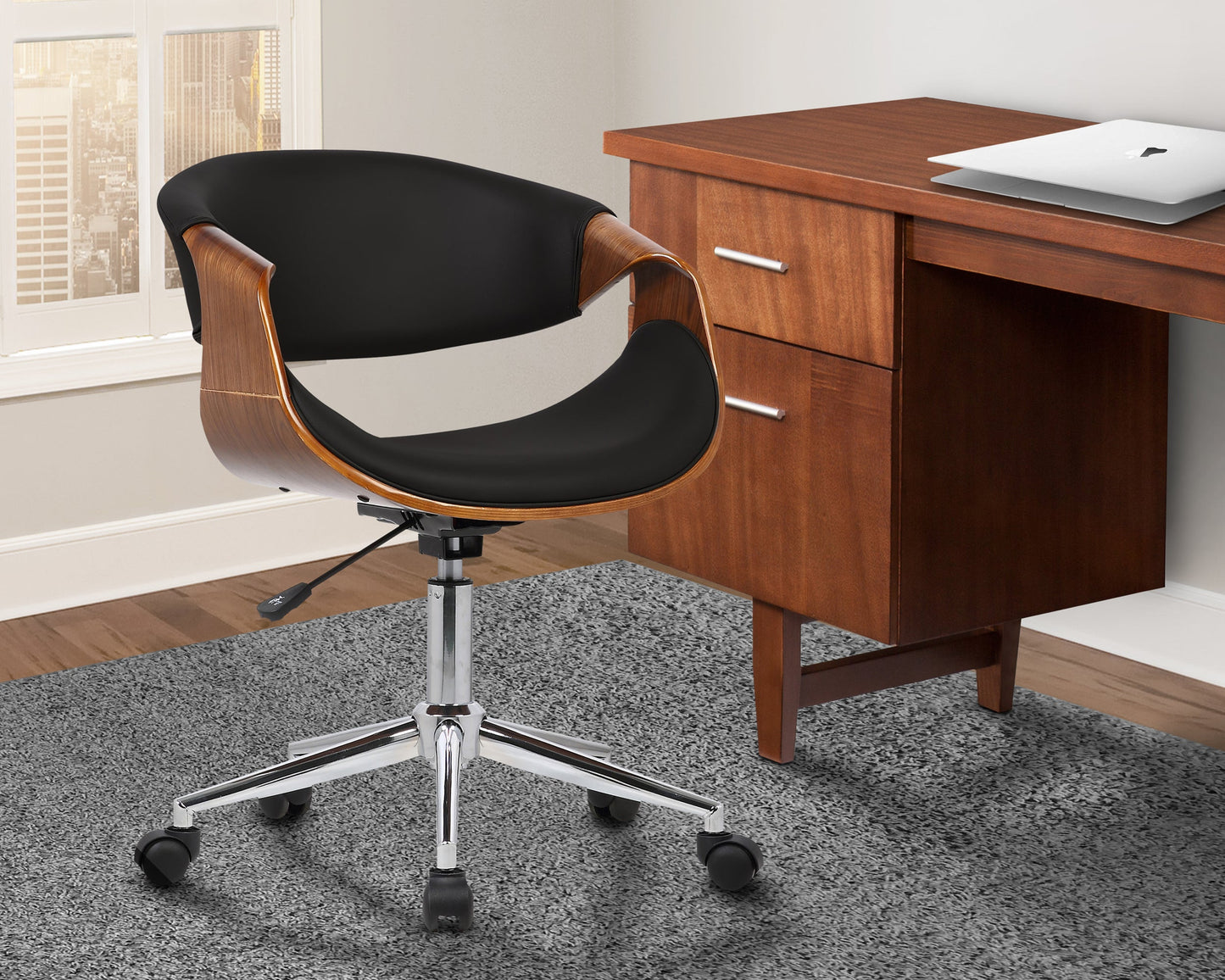 Geneva Mid-Century Office Chair in Chrome finish with Black Faux Leather and Walnut Veneer Arms