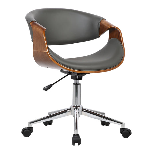 Geneva Mid-Century Office Chair in Chrome finish with Gray Faux Leather and Walnut Veneer Arms