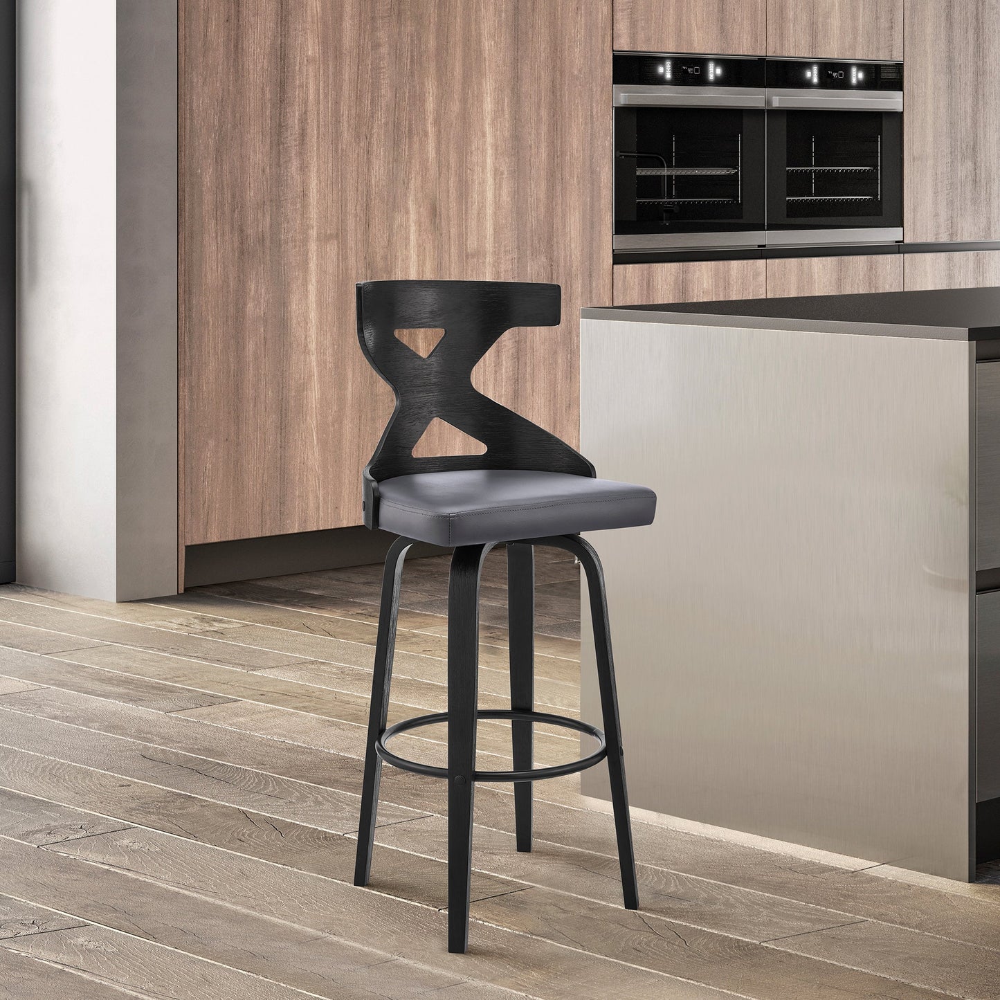 Gayle 30" Swivel Cross Back Gray Faux Leather and Black Wood Bar Stool