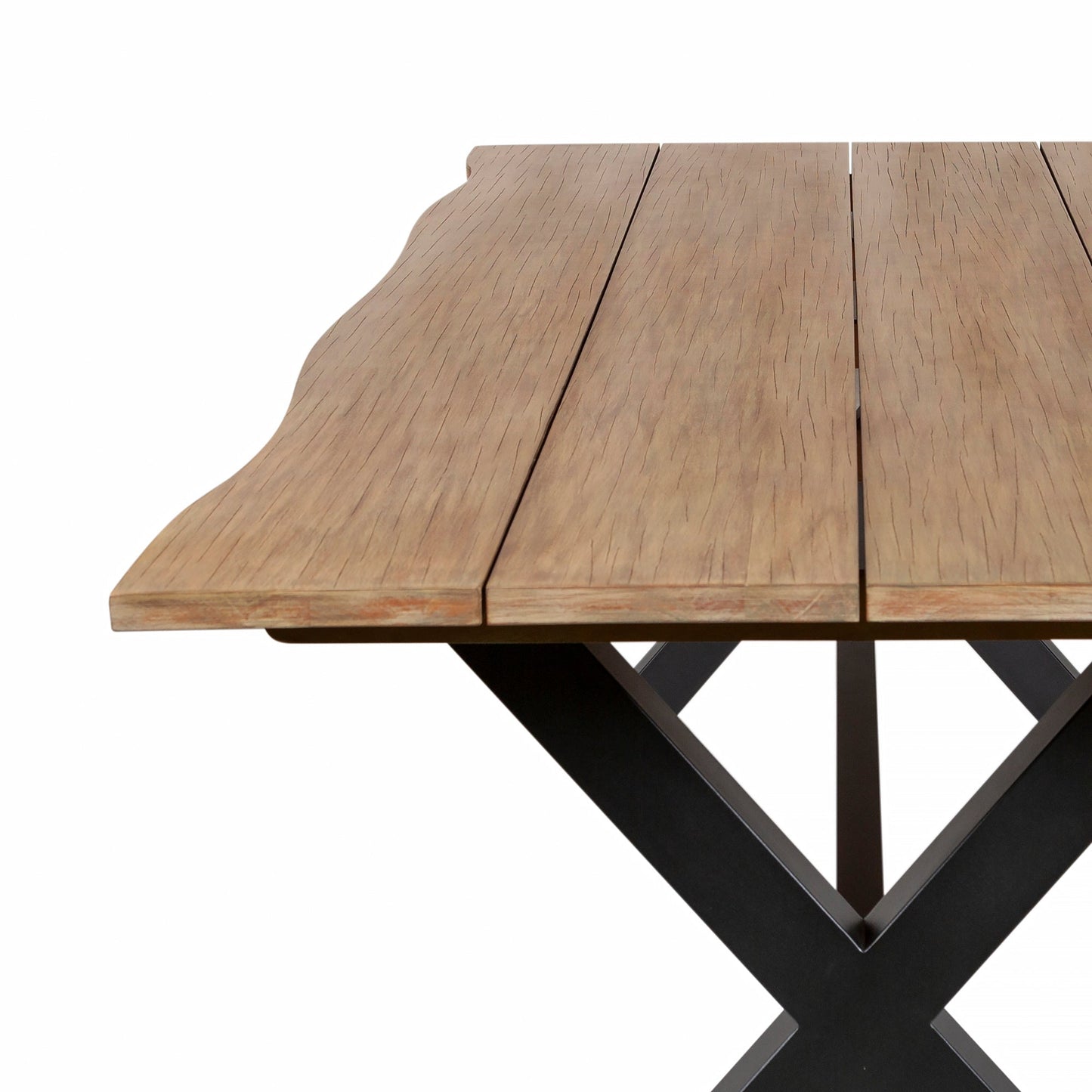 Glendora Outdoor Patio Live Edge Dining Table in Eucalyptus Wood with Black Metal Base