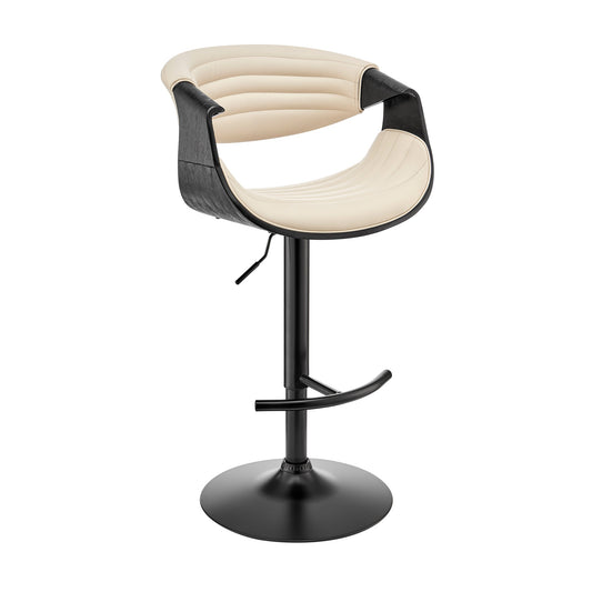 Gionni Adjustable Swivel Cream Faux Leather and Black Wood Bar Stool with Black Base