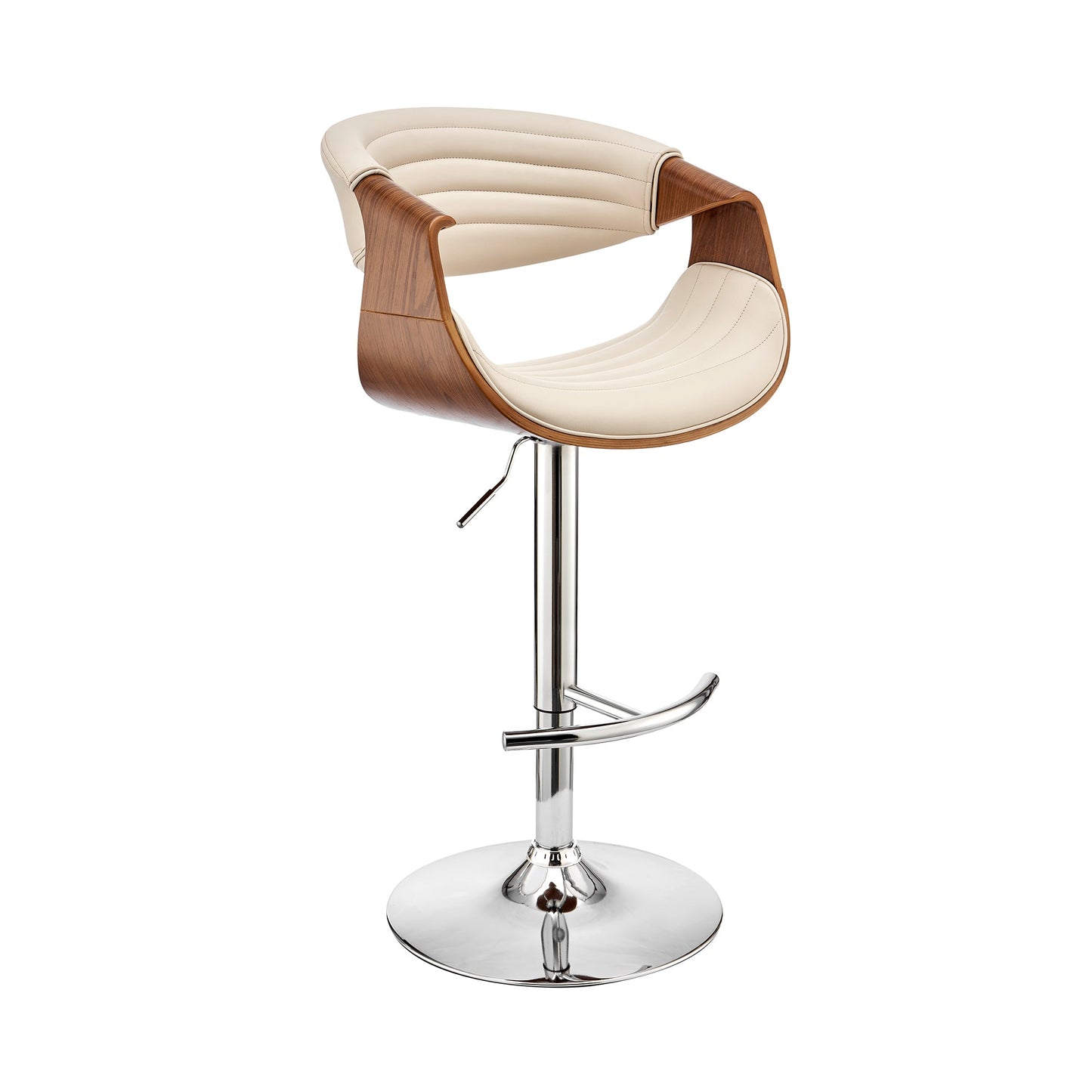 Gionni Adjustable Swivel Cream Faux Leather and Walnut Wood Bar Stool with Chrome Base