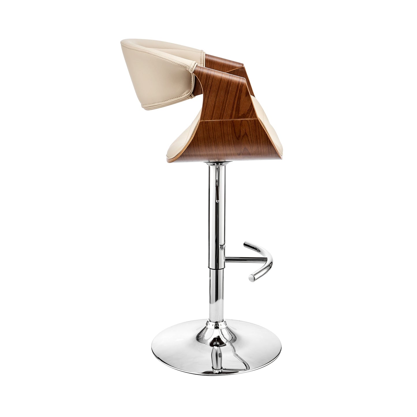 Gionni Adjustable Swivel Cream Faux Leather and Walnut Wood Bar Stool with Chrome Base