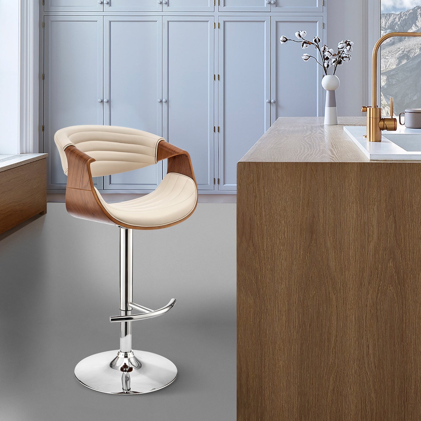 Gionni Adjustable Swivel Cream Faux Leather and Walnut Wood Bar Stool with Chrome Base