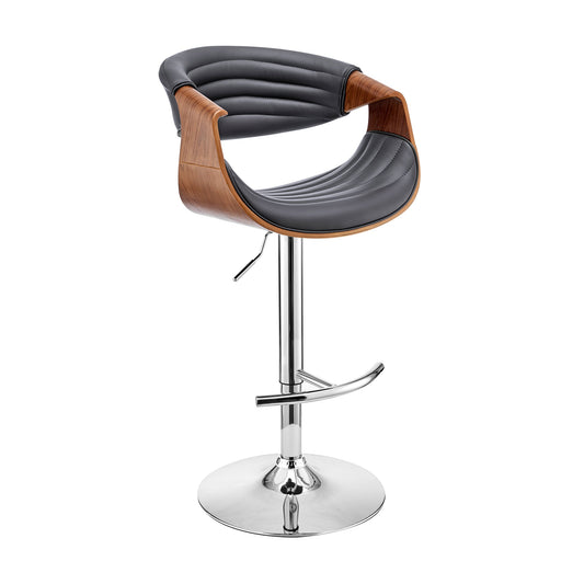 Gionni Adjustable Swivel Gray Faux Leather and Walnut Wood Bar Stool with Chrome Base