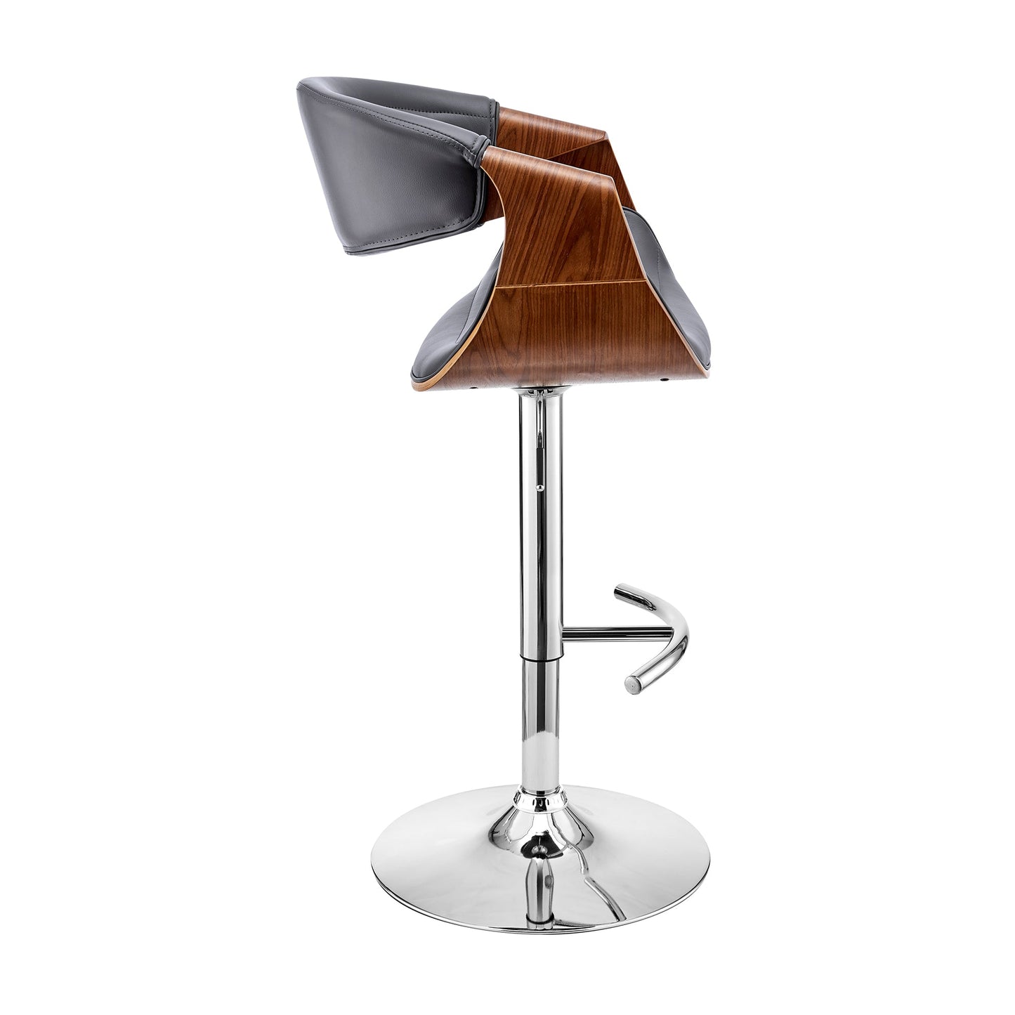 Gionni Adjustable Swivel Gray Faux Leather and Walnut Wood Bar Stool with Chrome Base