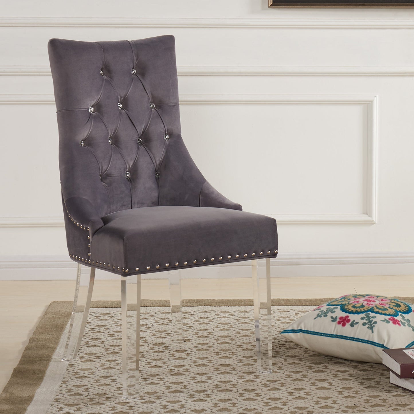 Gobi Modern and Contemporary Tufted Dining Chair in Gray Velvet with Acrylic Legs