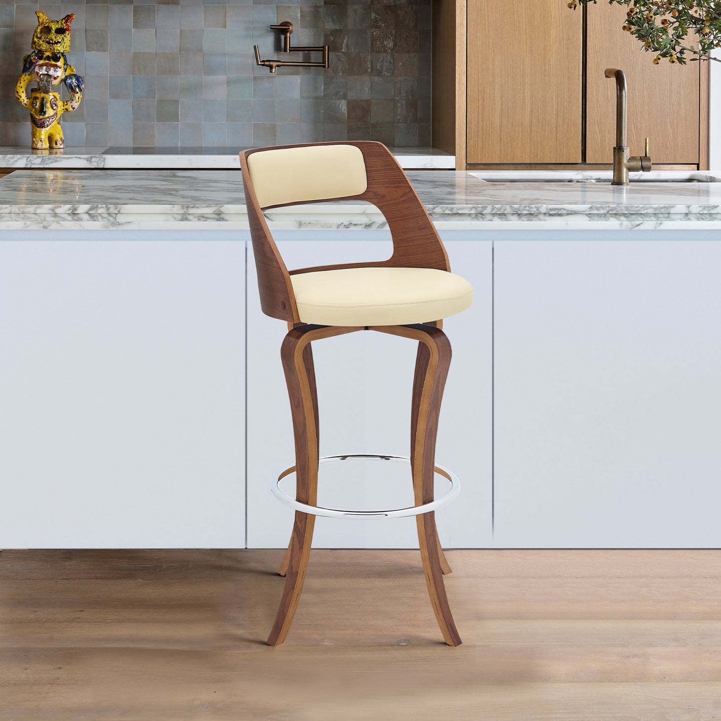 Grady 29" Swivel Cream Faux Leather and Walnut Wood Bar Stool