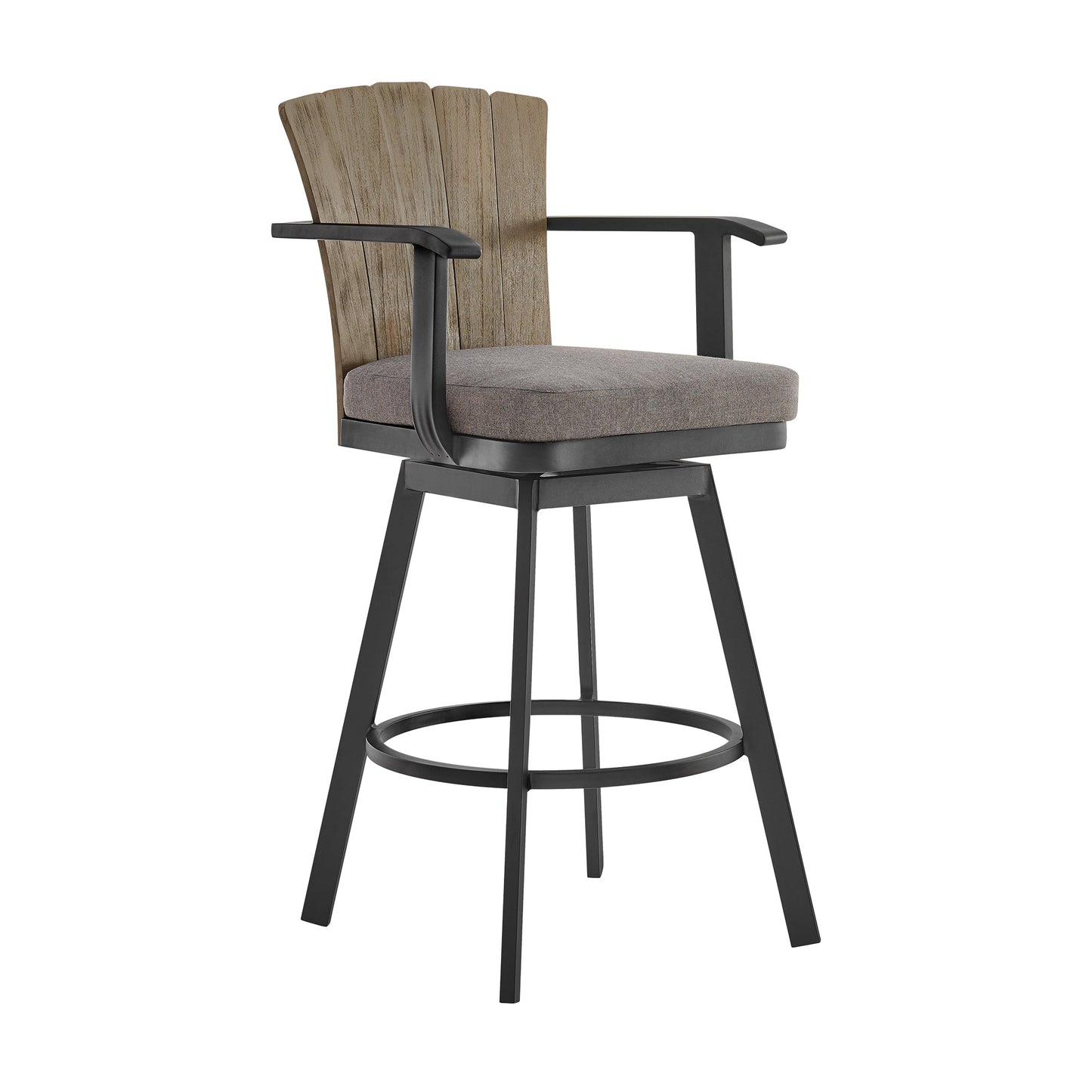 Hazel Outdoor Patio Swivel Counter Stool in Aluminum with Teak Wood and Charcoal Cushion