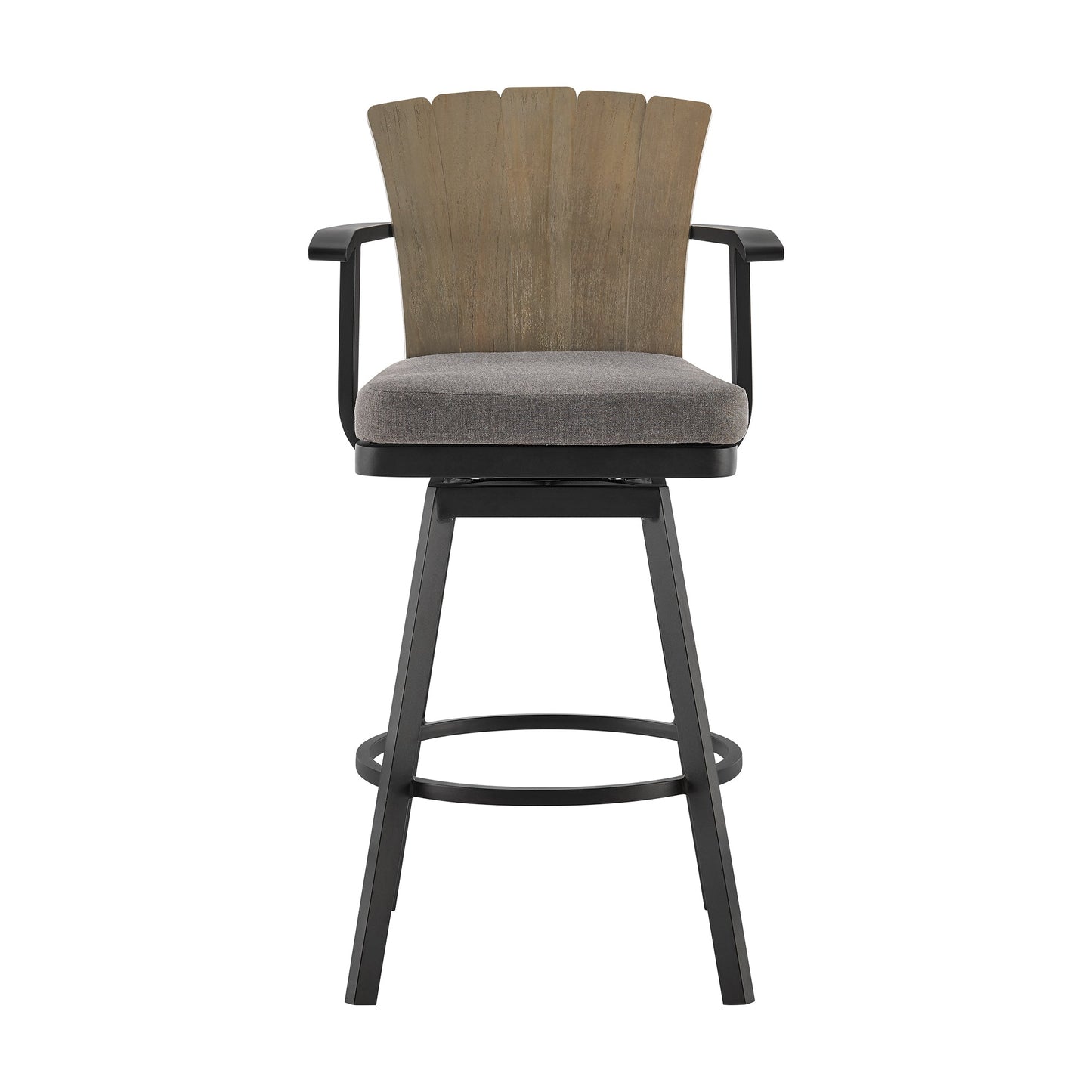 Hazel Outdoor Patio Swivel Counter Stool in Aluminum with Teak Wood and Charcoal Cushion