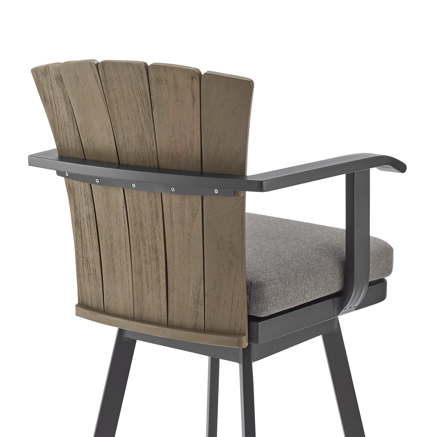 Hazel Outdoor Patio Swivel Counter Stool in Aluminum with Teak Wood and Charcoal Cushion