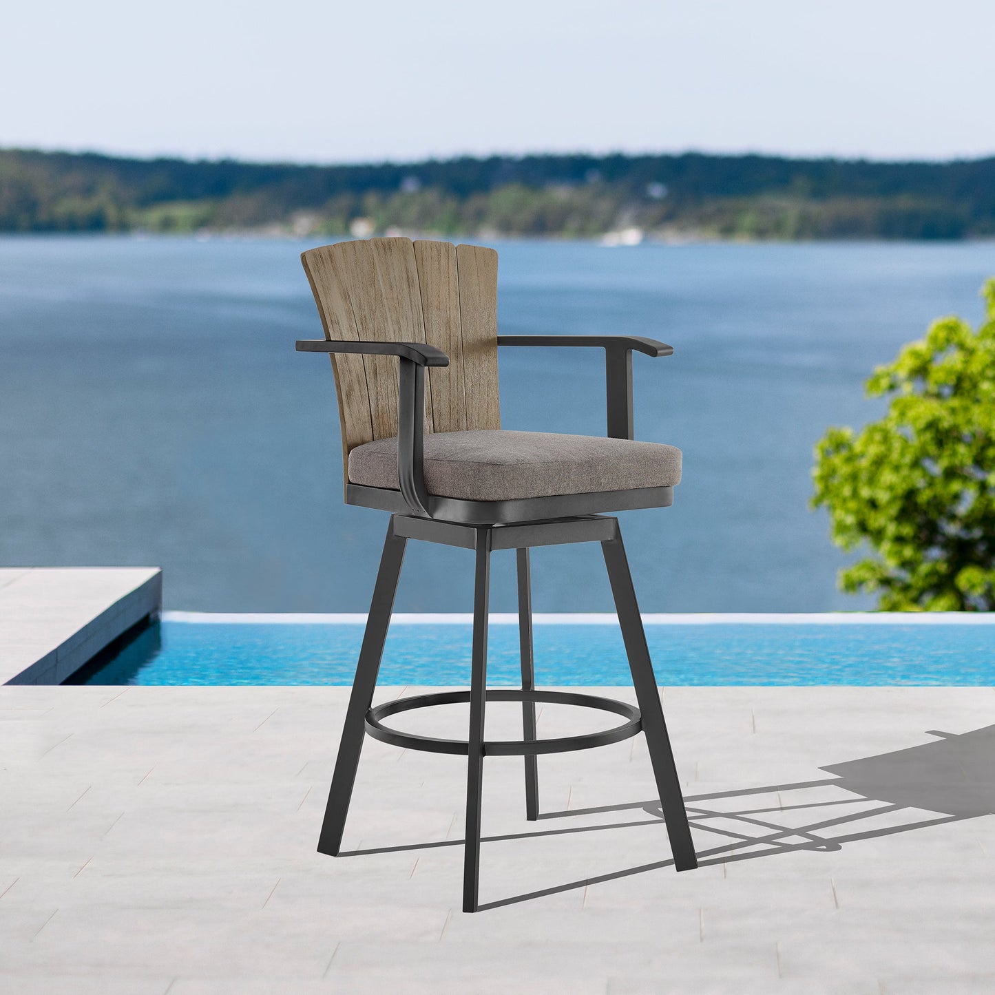 Hazel Outdoor Patio Swivel Counter Stool in Aluminum with Teak Wood and Charcoal Cushion