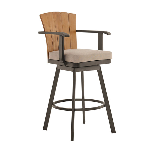 Hazel Outdoor Patio Swivel Counter Stool in Aluminum with Teak Wood and Brown Cushion