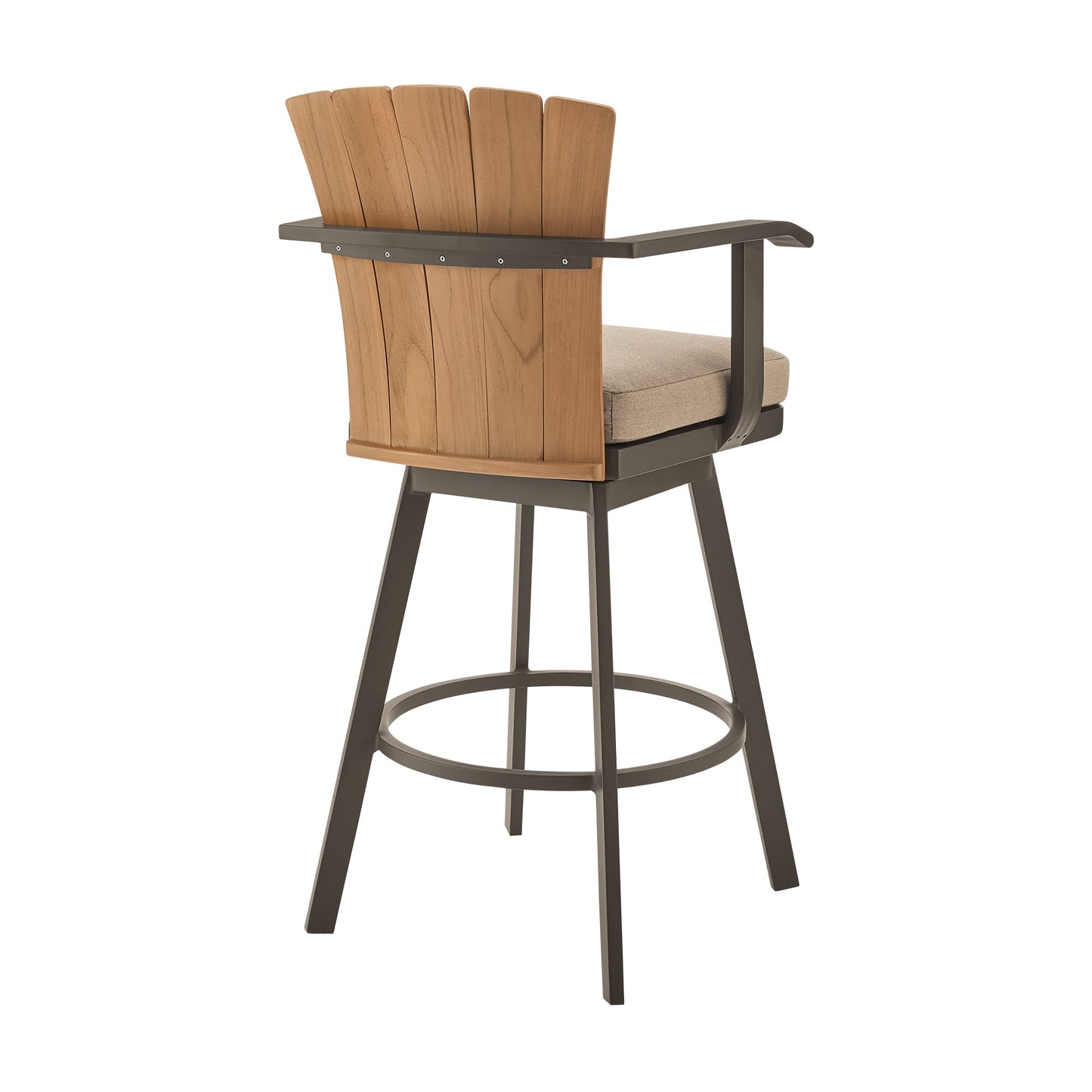 Hazel Outdoor Patio Swivel Counter Stool in Aluminum with Teak Wood and Brown Cushion