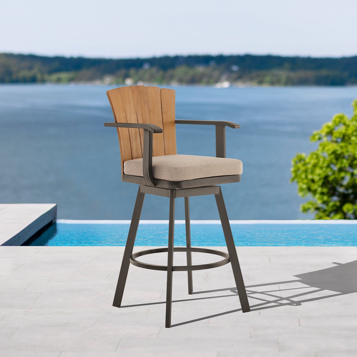 Hazel Outdoor Patio Swivel Counter Stool in Aluminum with Teak Wood and Brown Cushion