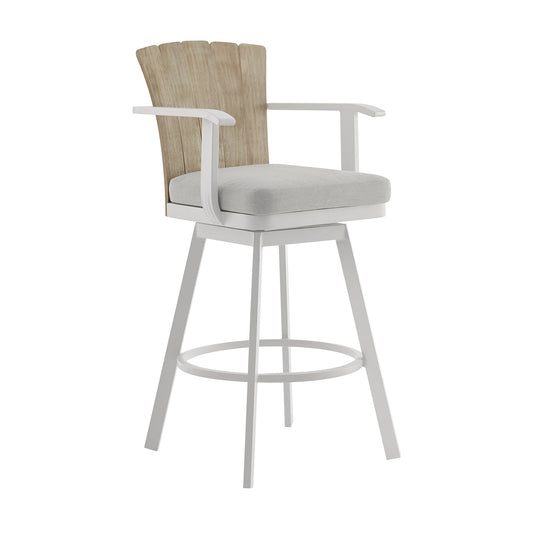 Hazel Outdoor Patio Swivel Counter Stool in Aluminum with Teak Wood and Argent Gray Cushions