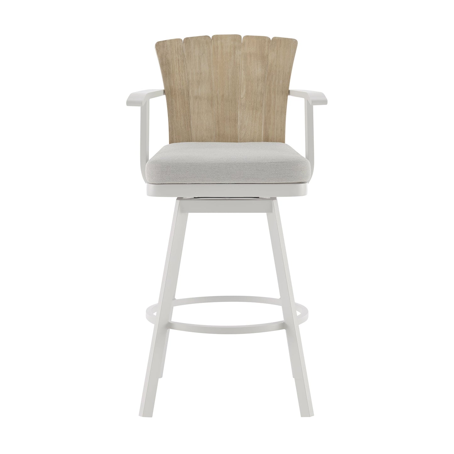 Hazel Outdoor Patio Swivel Counter Stool in Aluminum with Teak Wood and Argent Gray Cushions