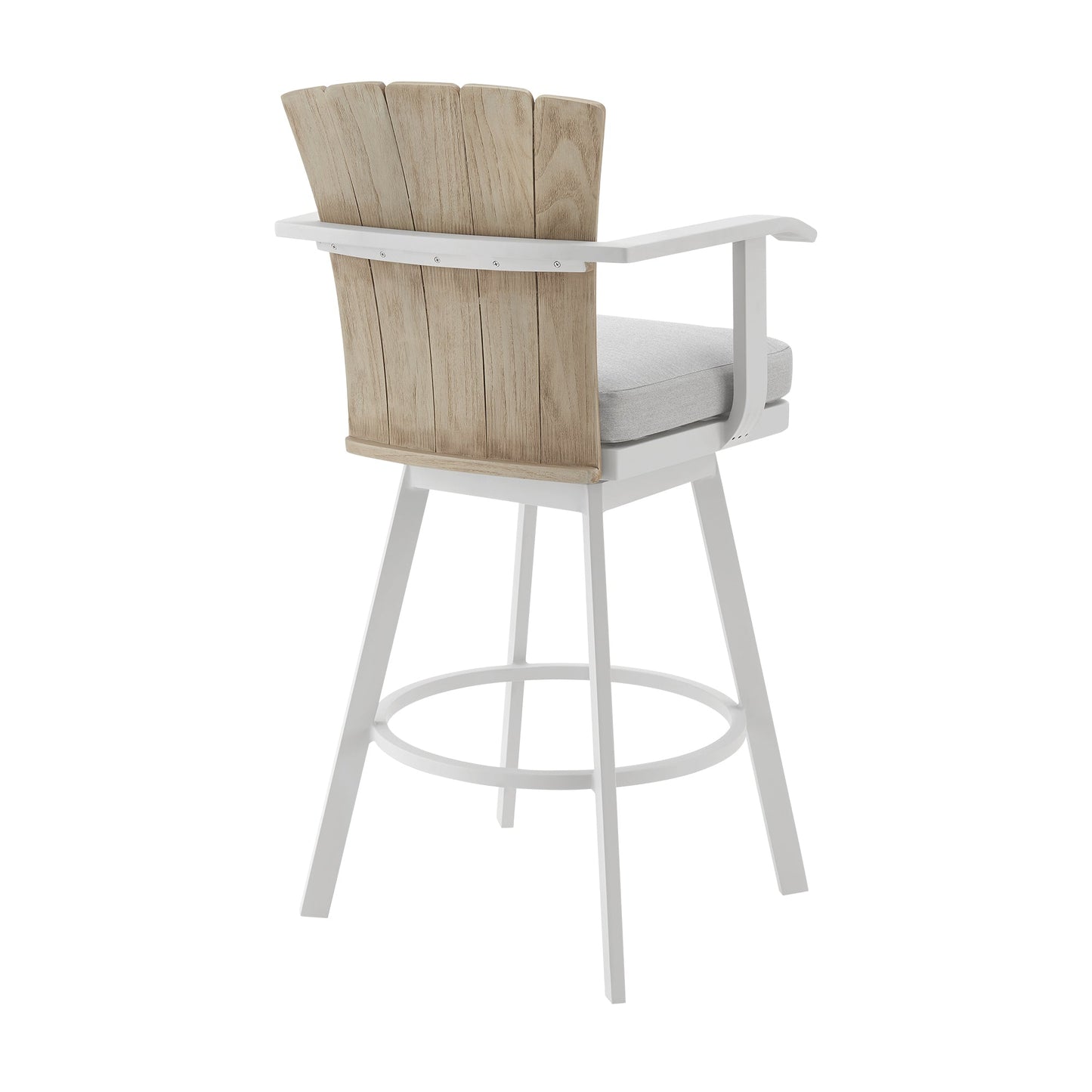 Hazel Outdoor Patio Swivel Counter Stool in Aluminum with Teak Wood and Argent Gray Cushions