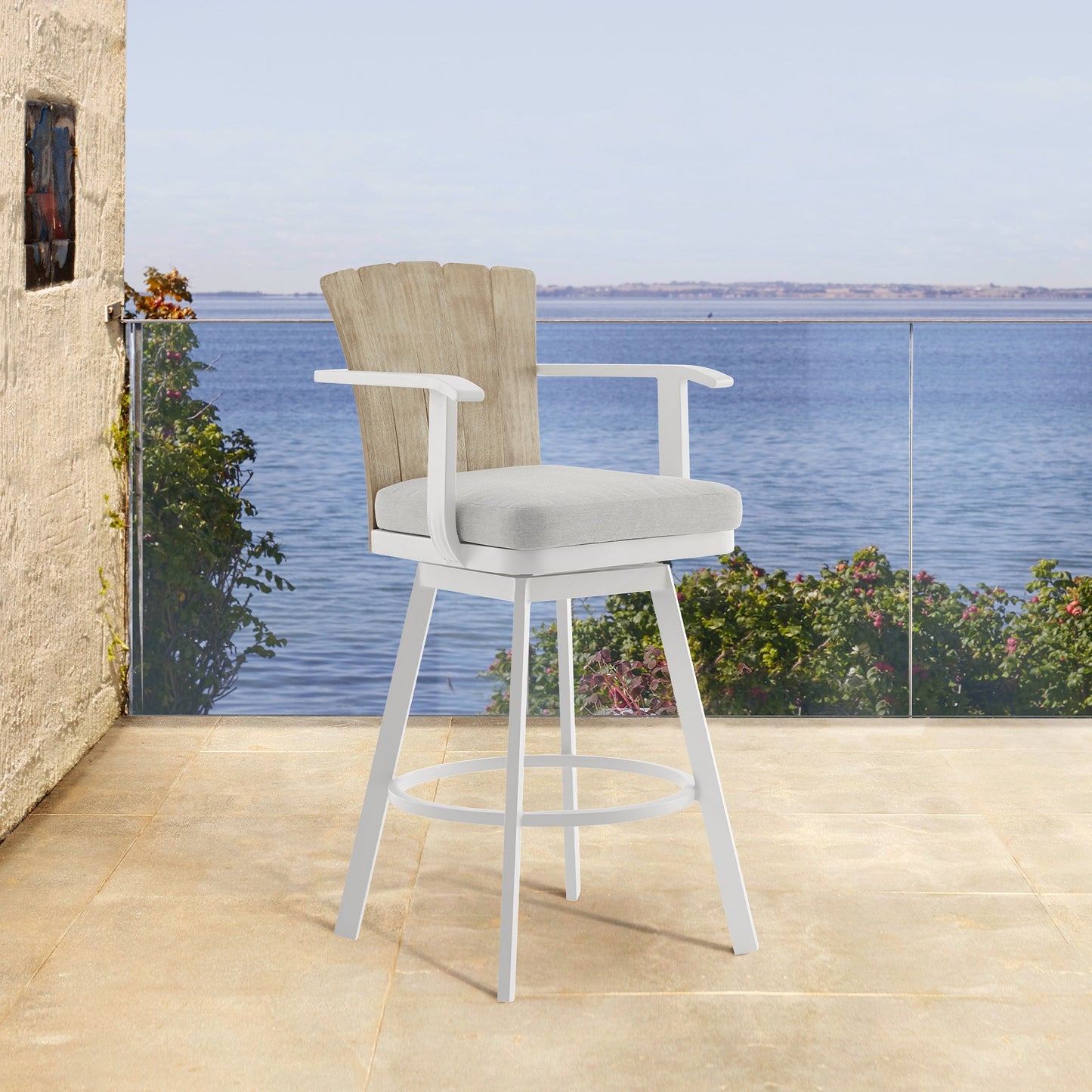 Hazel Outdoor Patio Swivel Counter Stool in Aluminum with Teak Wood and Argent Gray Cushions