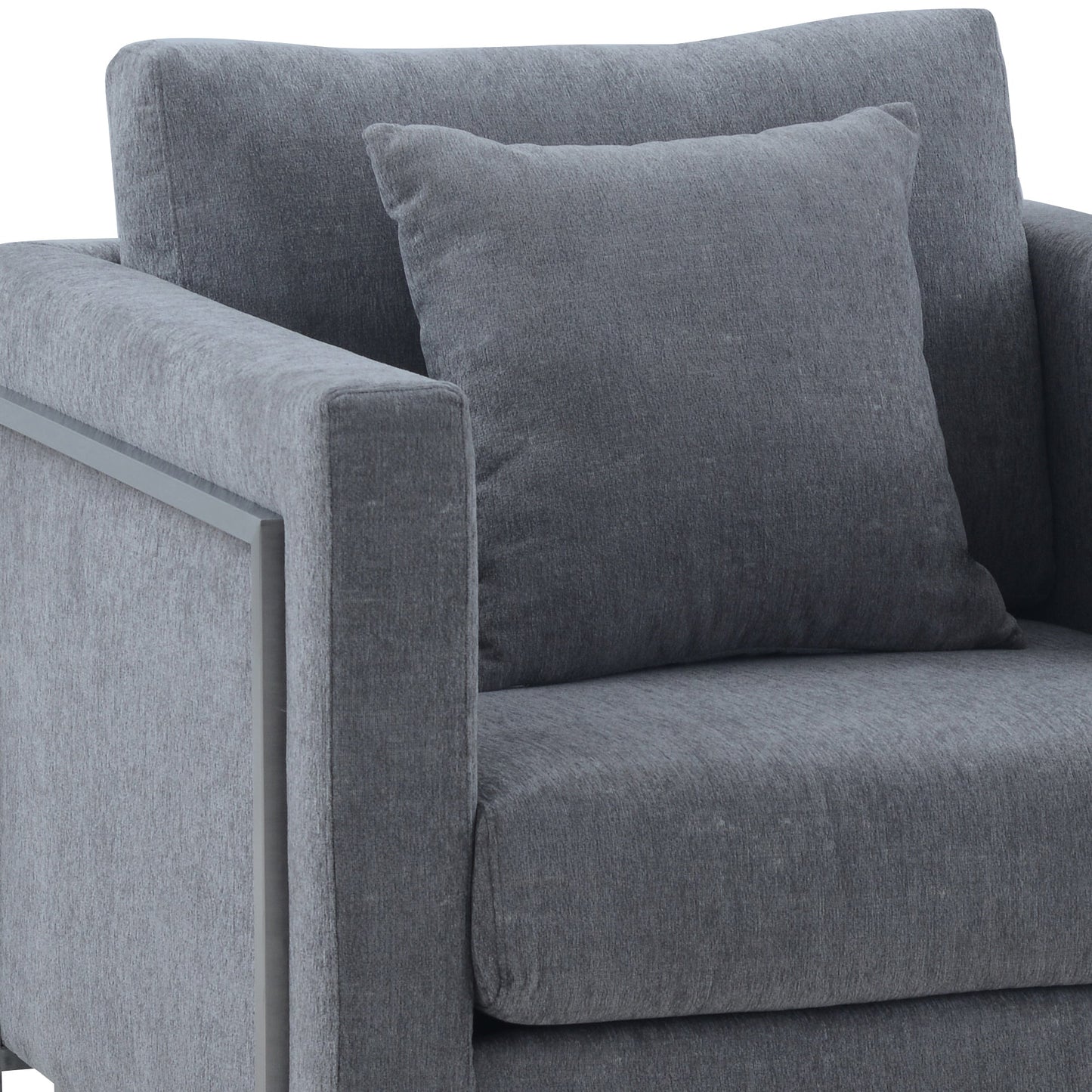 Heritage Gray Fabric Upholstered Accent Chair with Brushed Stainless Steel Legs