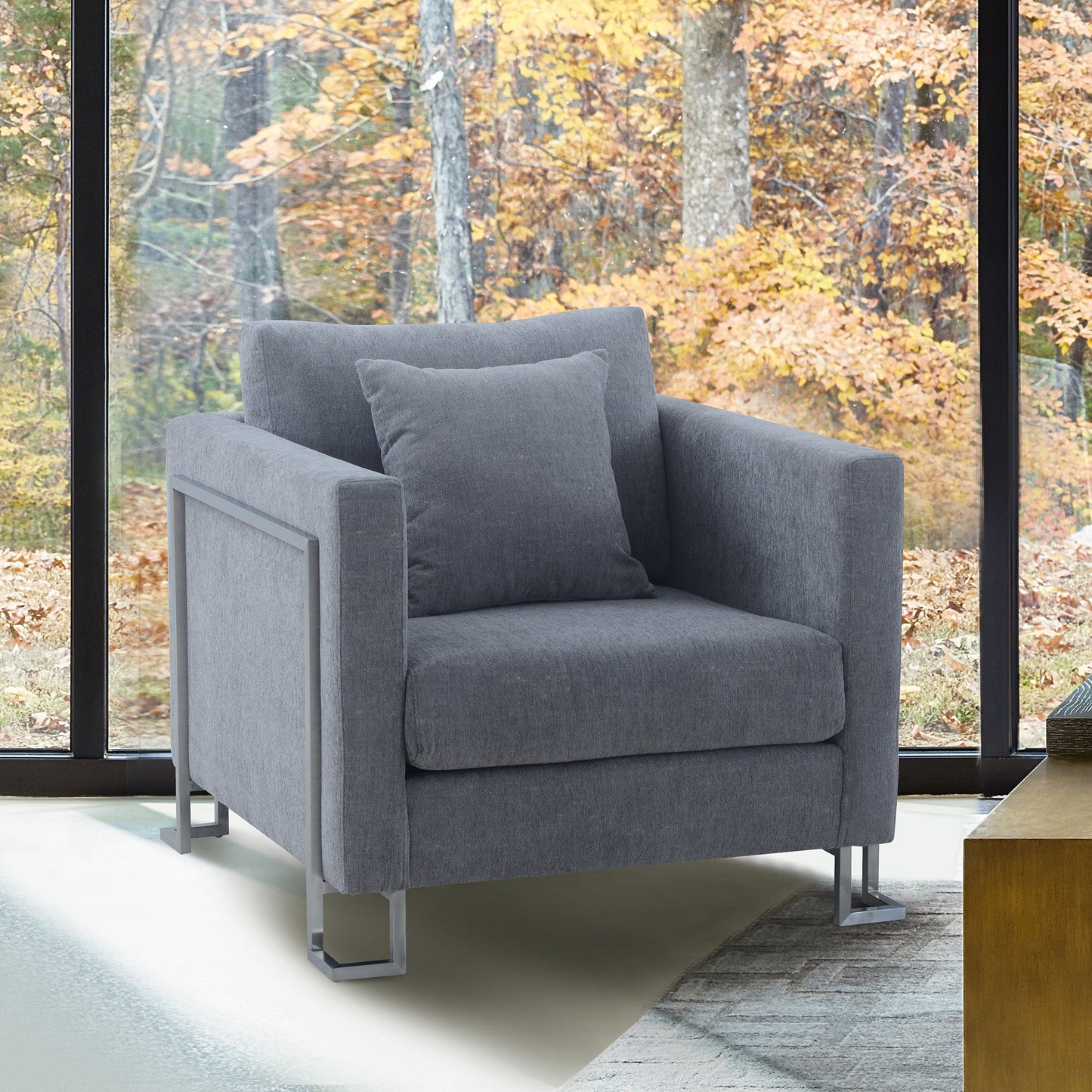 Heritage Gray Fabric Upholstered Accent Chair with Brushed Stainless Steel Legs